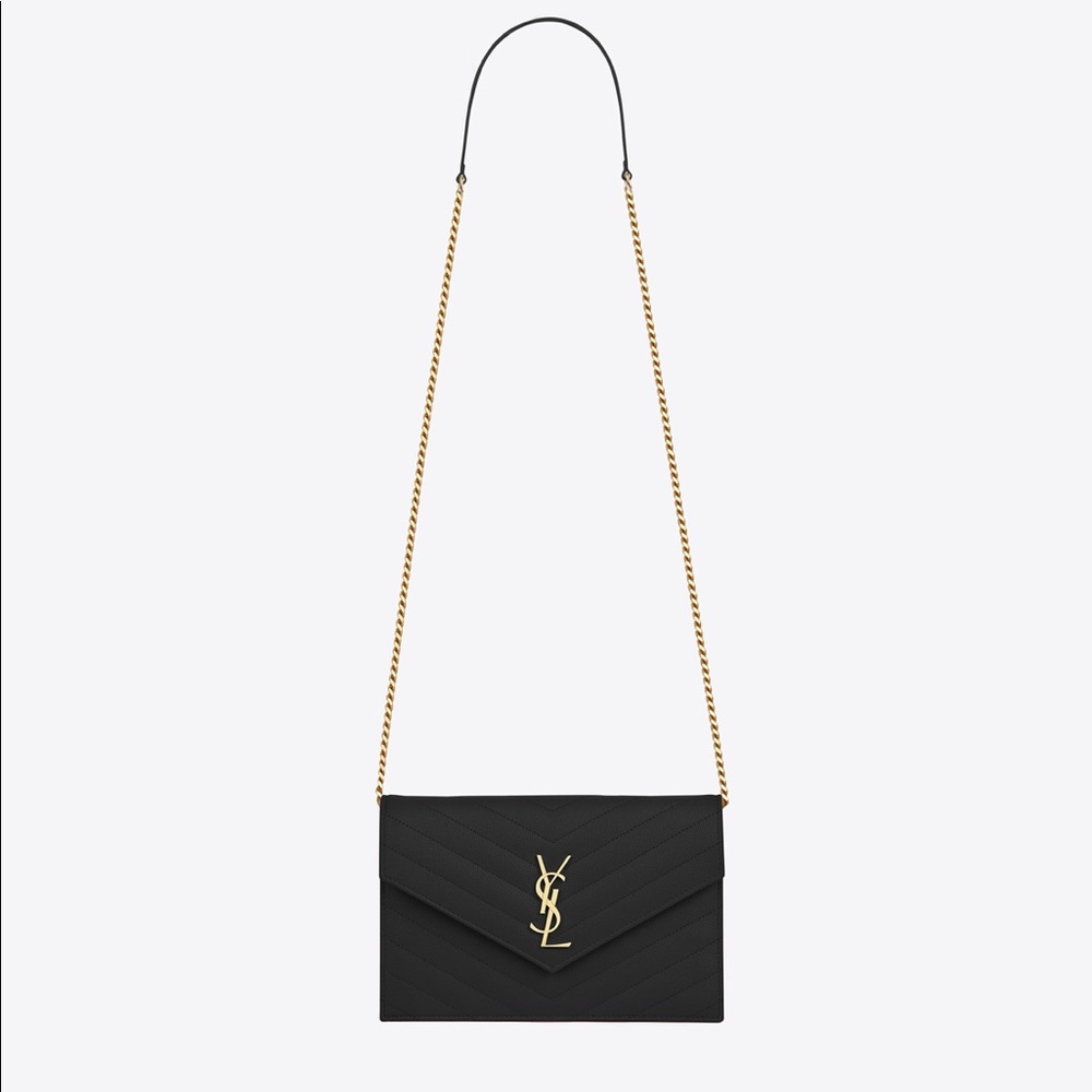 YSL Envelope Chain Wallet in Grain De Poudre